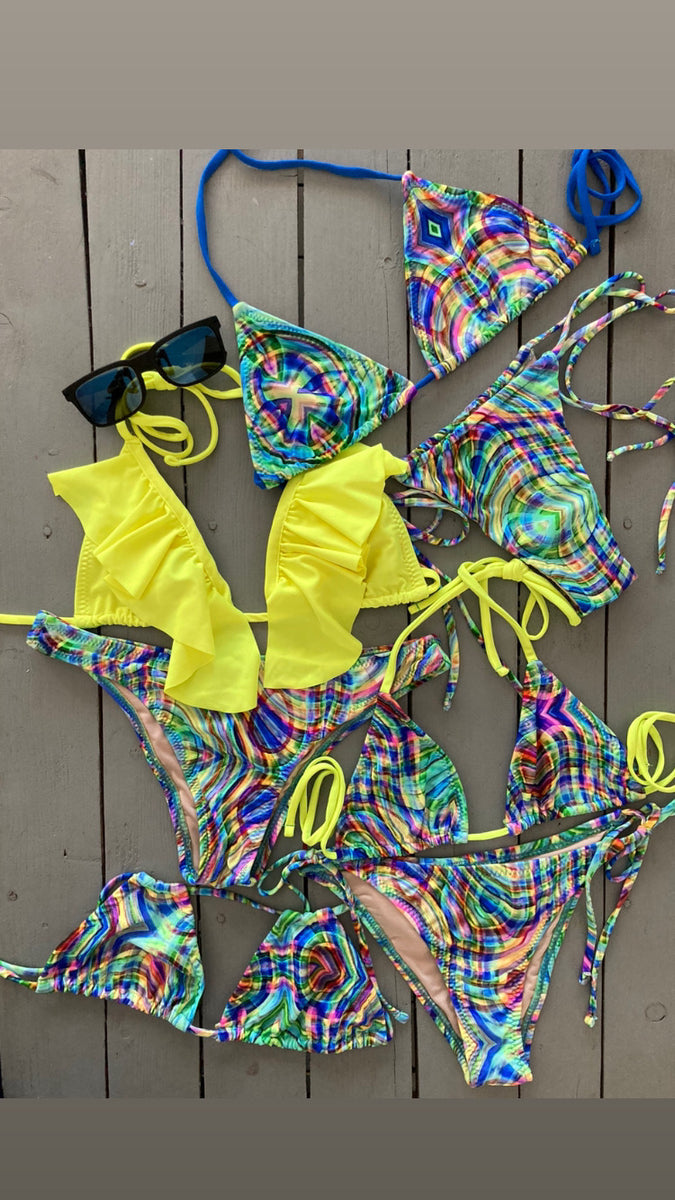 Light Yellow Textured Knit Fabric Triangle Top & Cheeky Brazilian Bottom Bikini Set