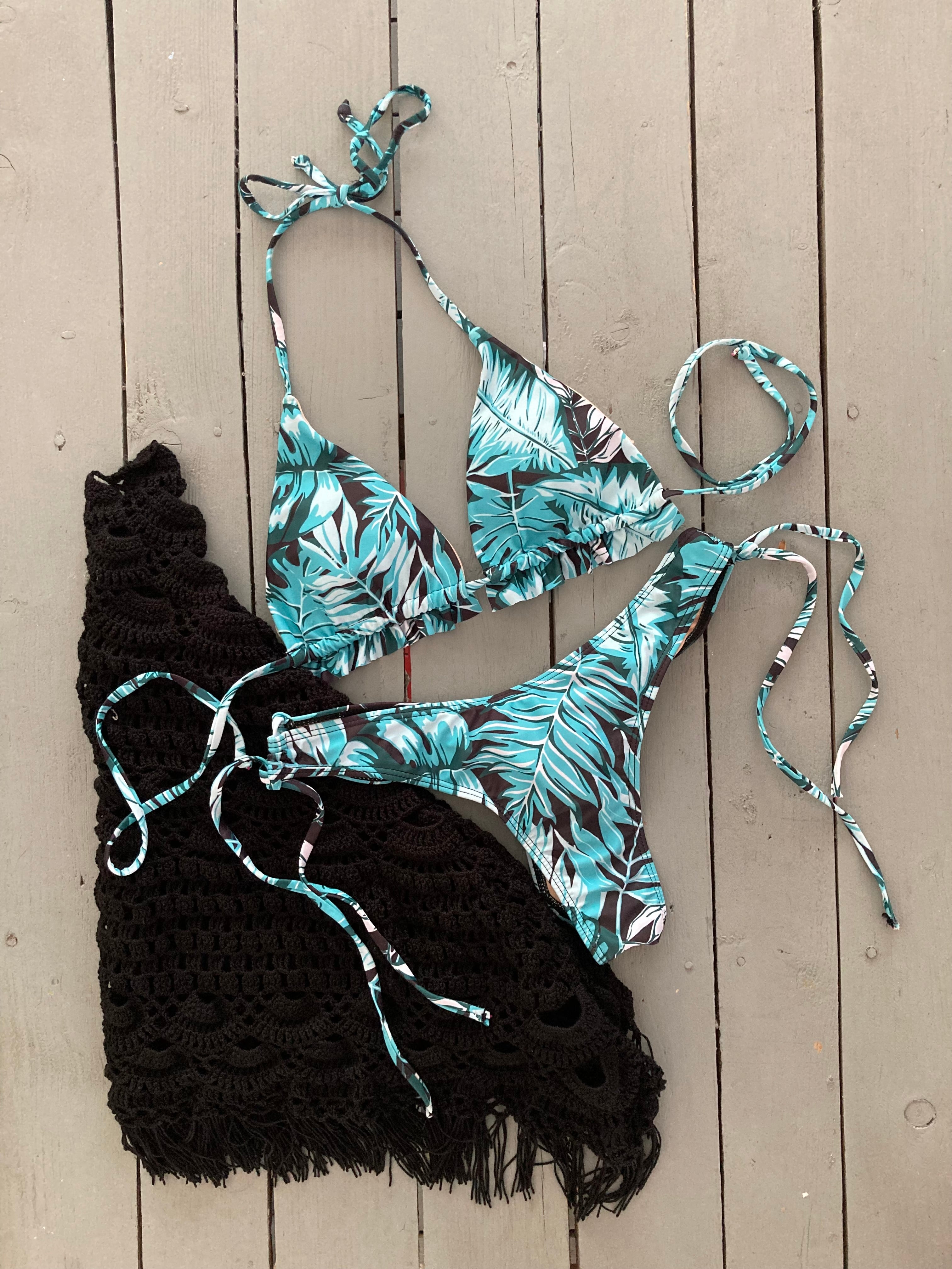 Black and Aqua Ruffle Top and Bikini Bottom Set