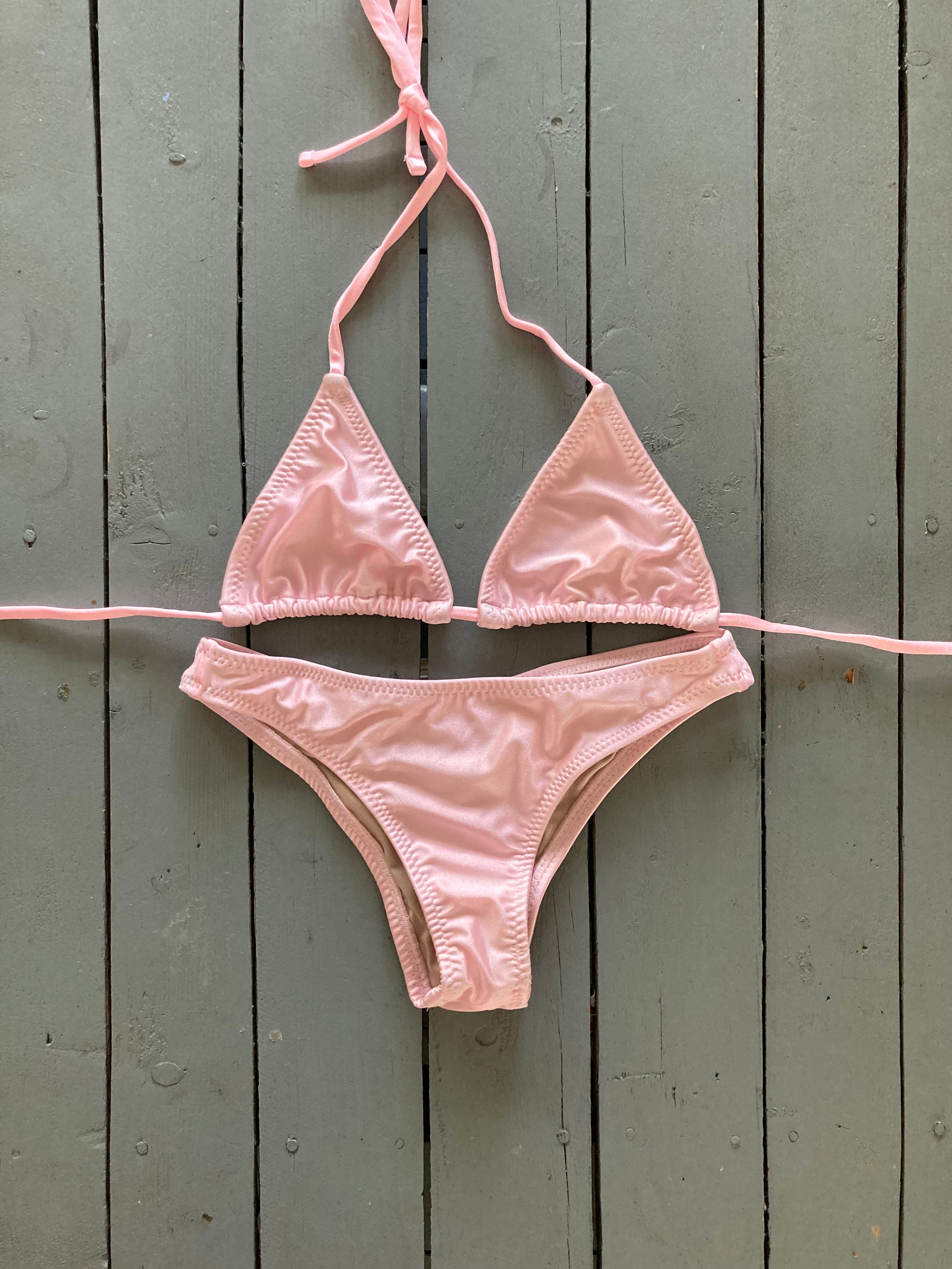 Shiny Baby Pink Adjustable Triangle Bikini Top