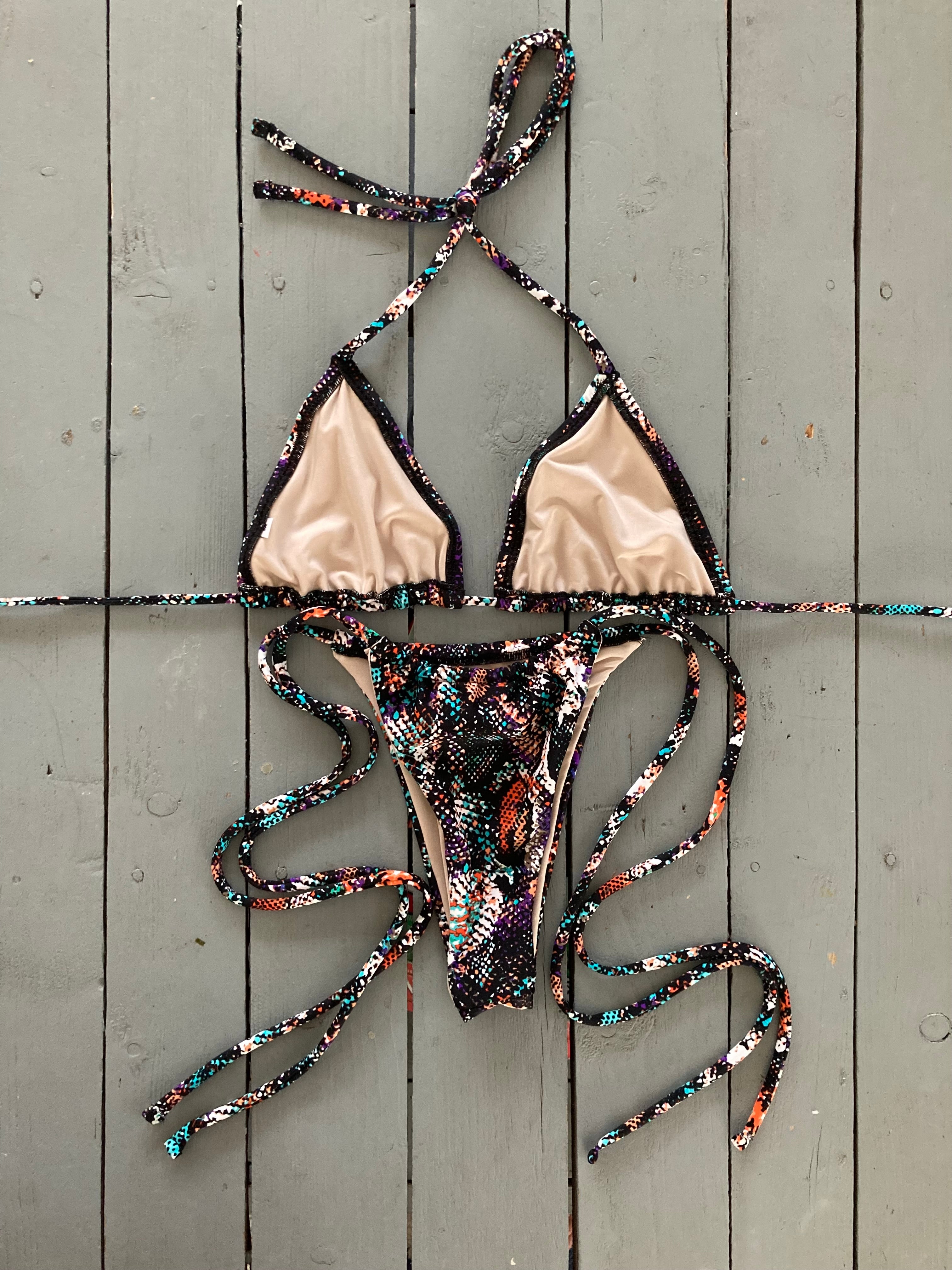 Black Multi-Colored Snakeskin Cinched Thong Bikini Bottom