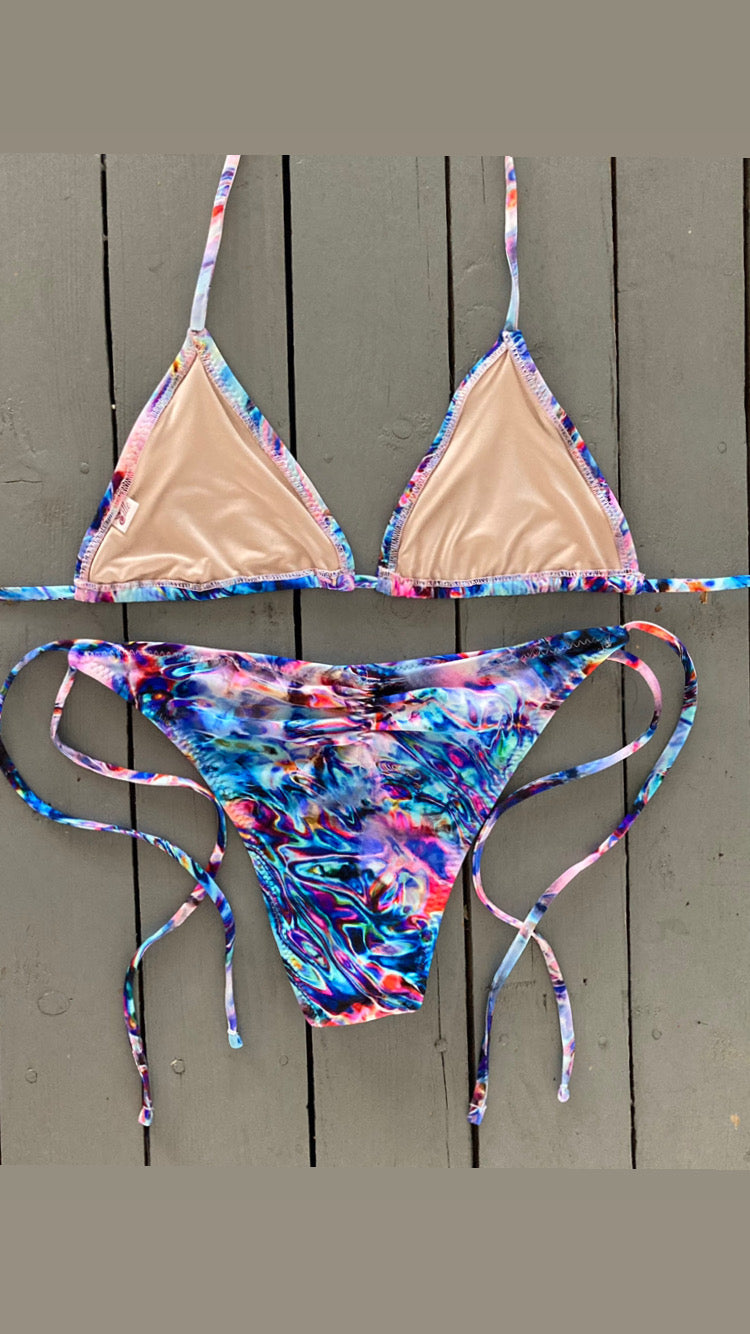 Blue and Pink Water Print Adjustable Triangle Bikini Top w/Lace
