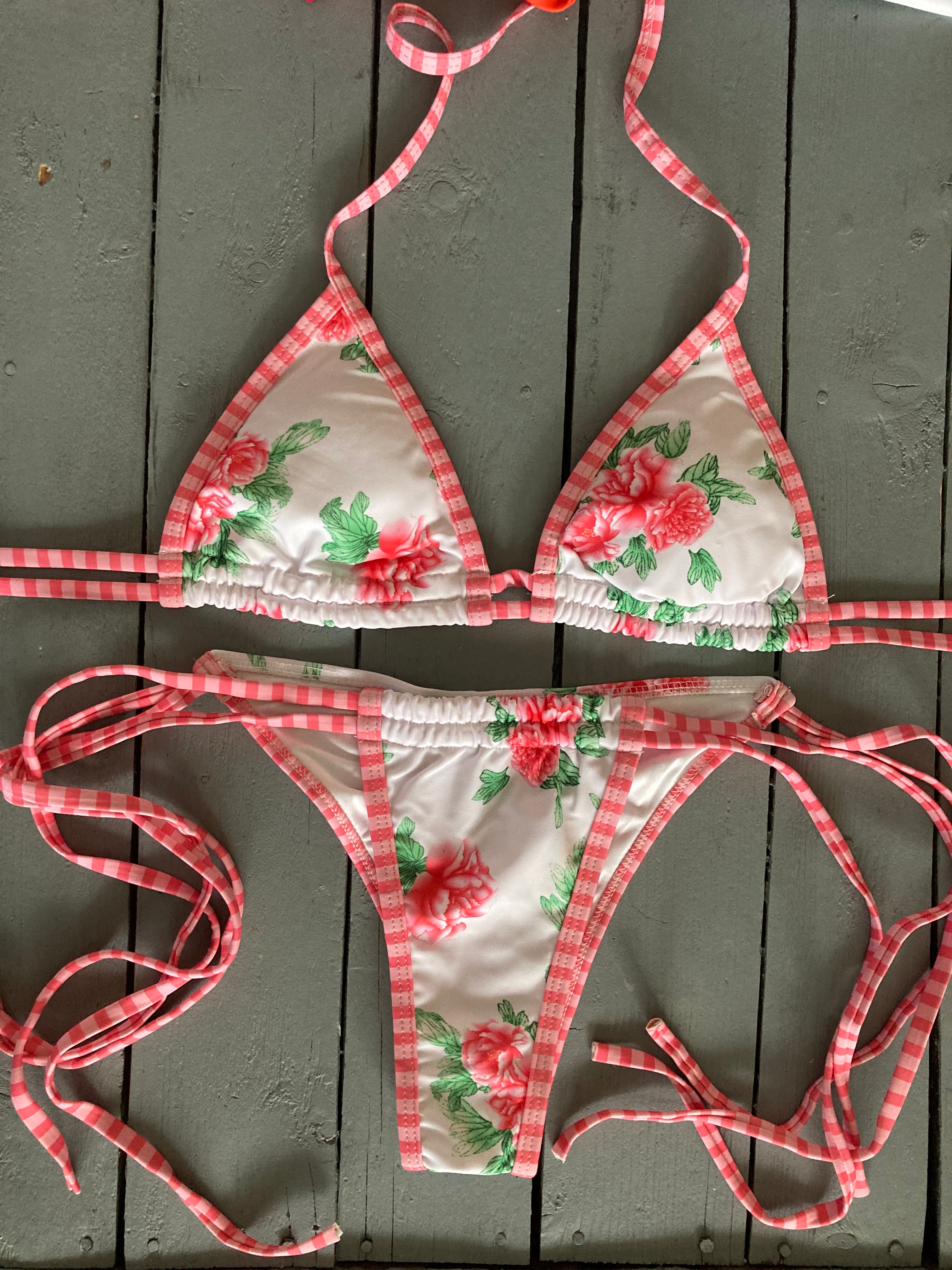 Red Floral Print Multi String Triangle Top and Multi String Spaghetti Bottom