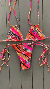 Pink and Brown Animal Print Double String Triangle Bikini Top
