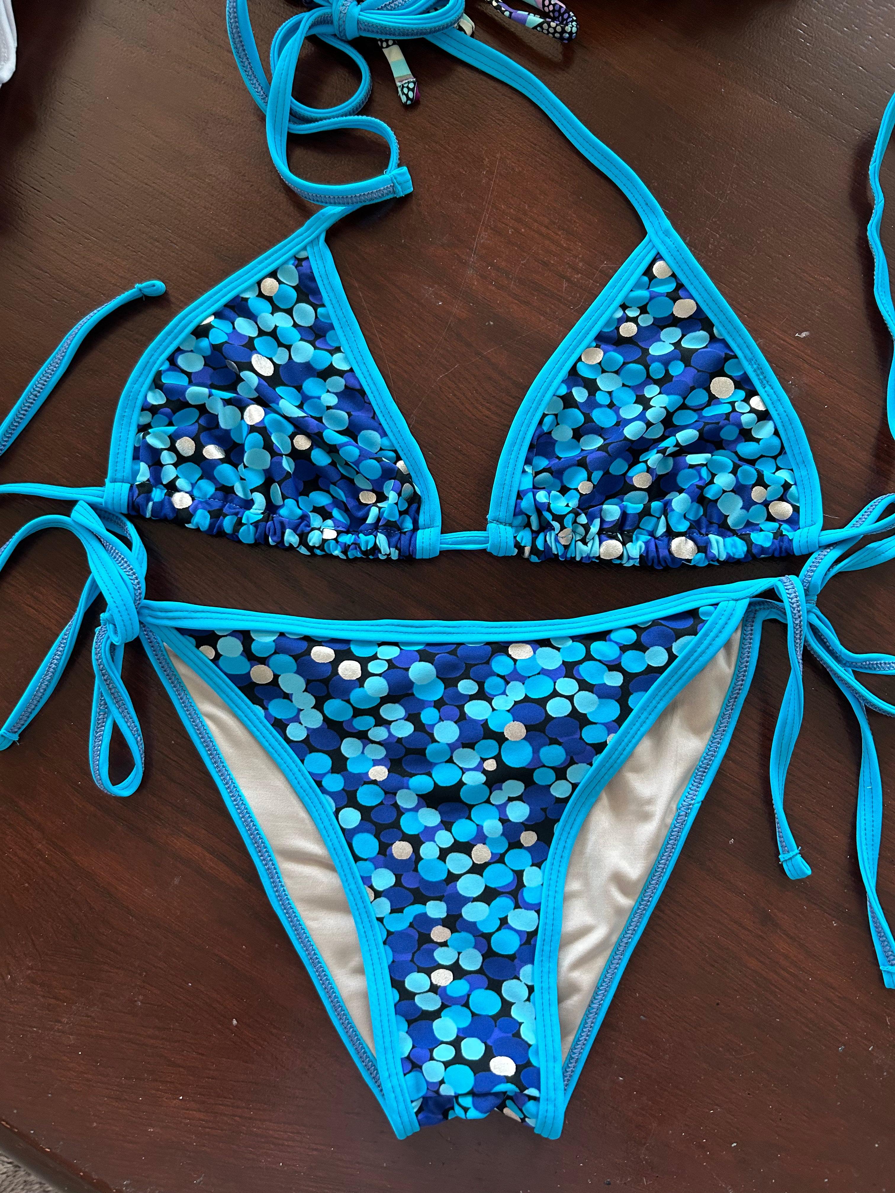 Blue polka Dot Triangle Top and Spaghetti Bikini Bottom Set