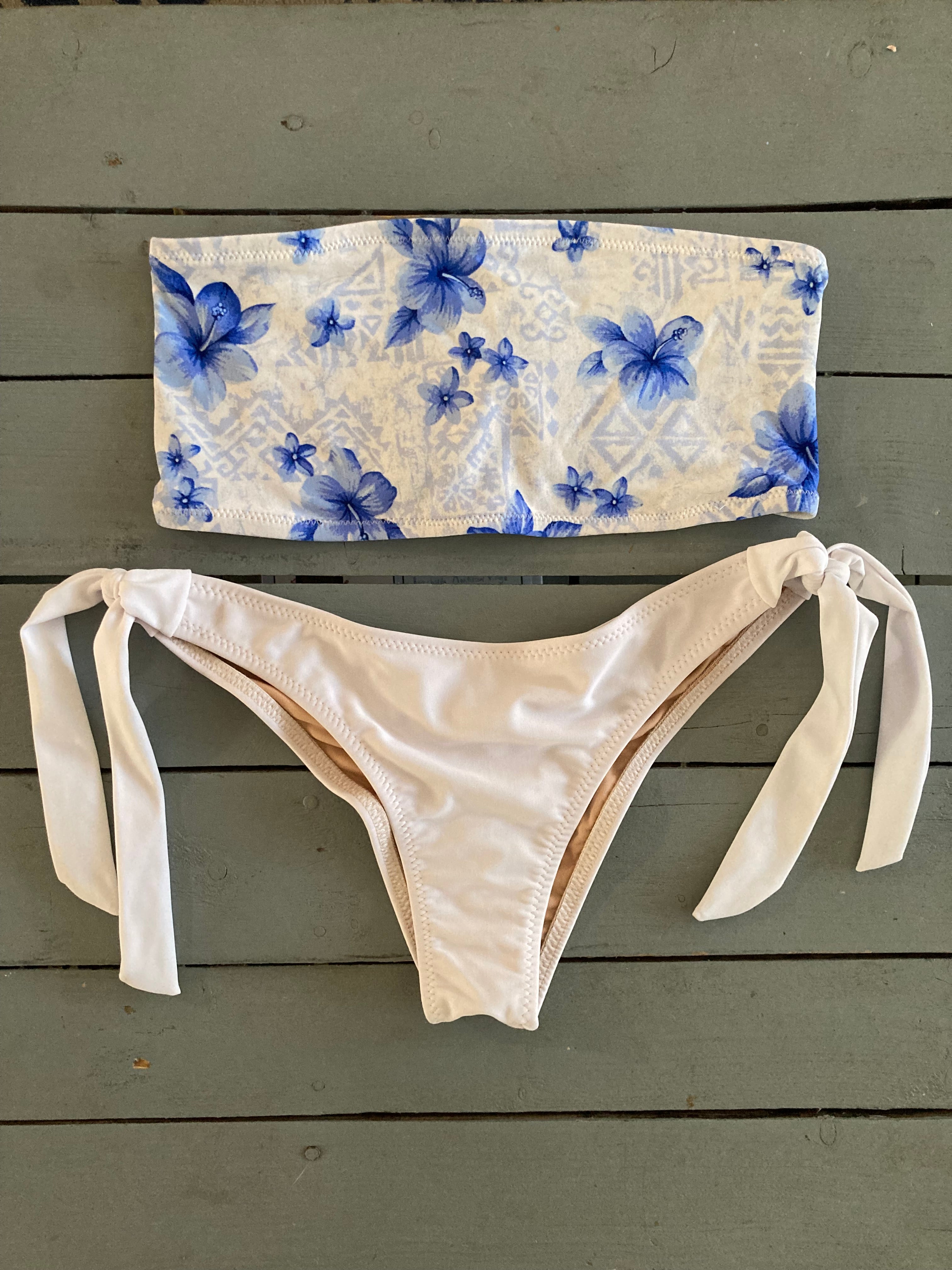 Blue Floral Bandeau Bikini Top