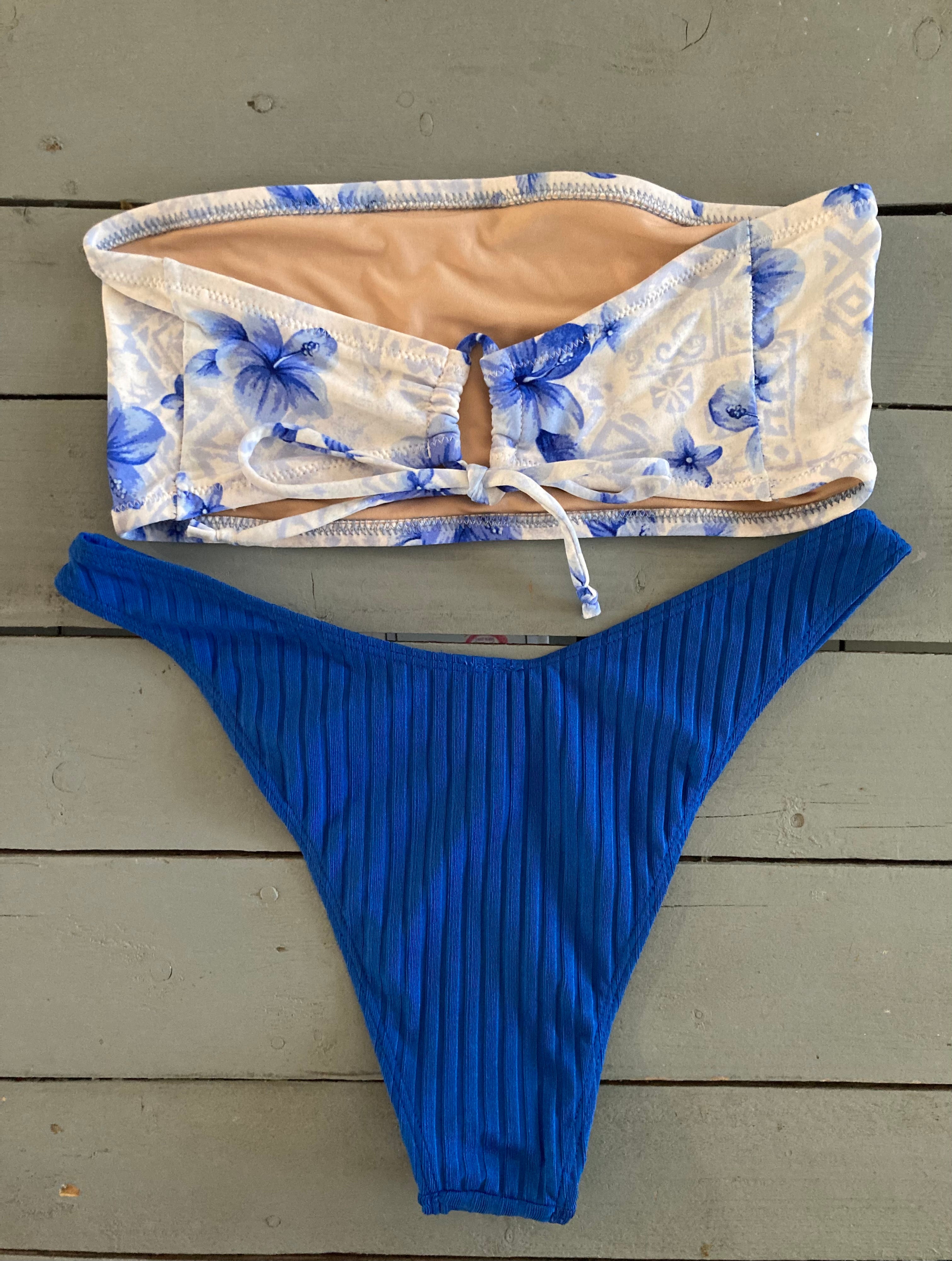 Blue Floral Bandeau Bikini Top