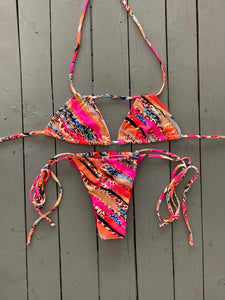 Pink and Brown Animal Print Cinched Thong Bikini Bottom w/Spaghetti Ties