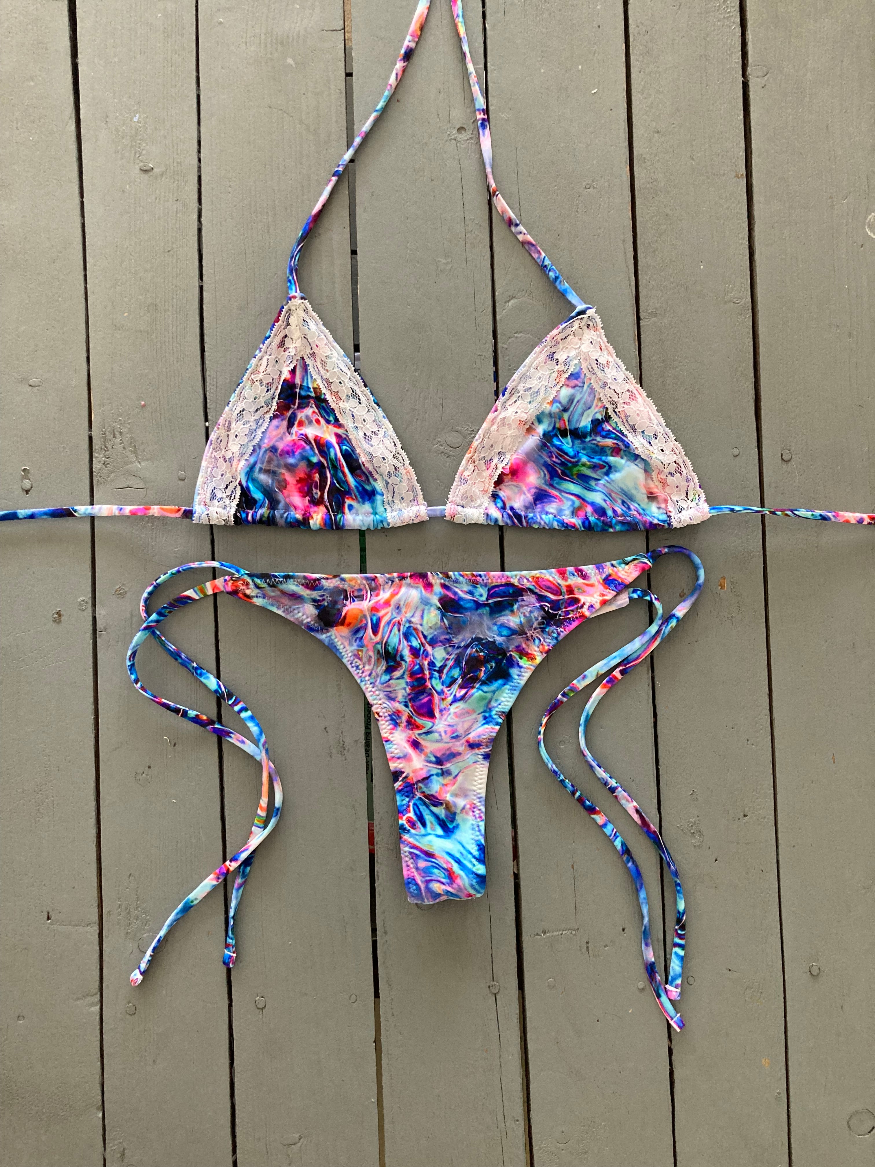 Blue and Pink Water Print Thong w/Spaghetti Ties