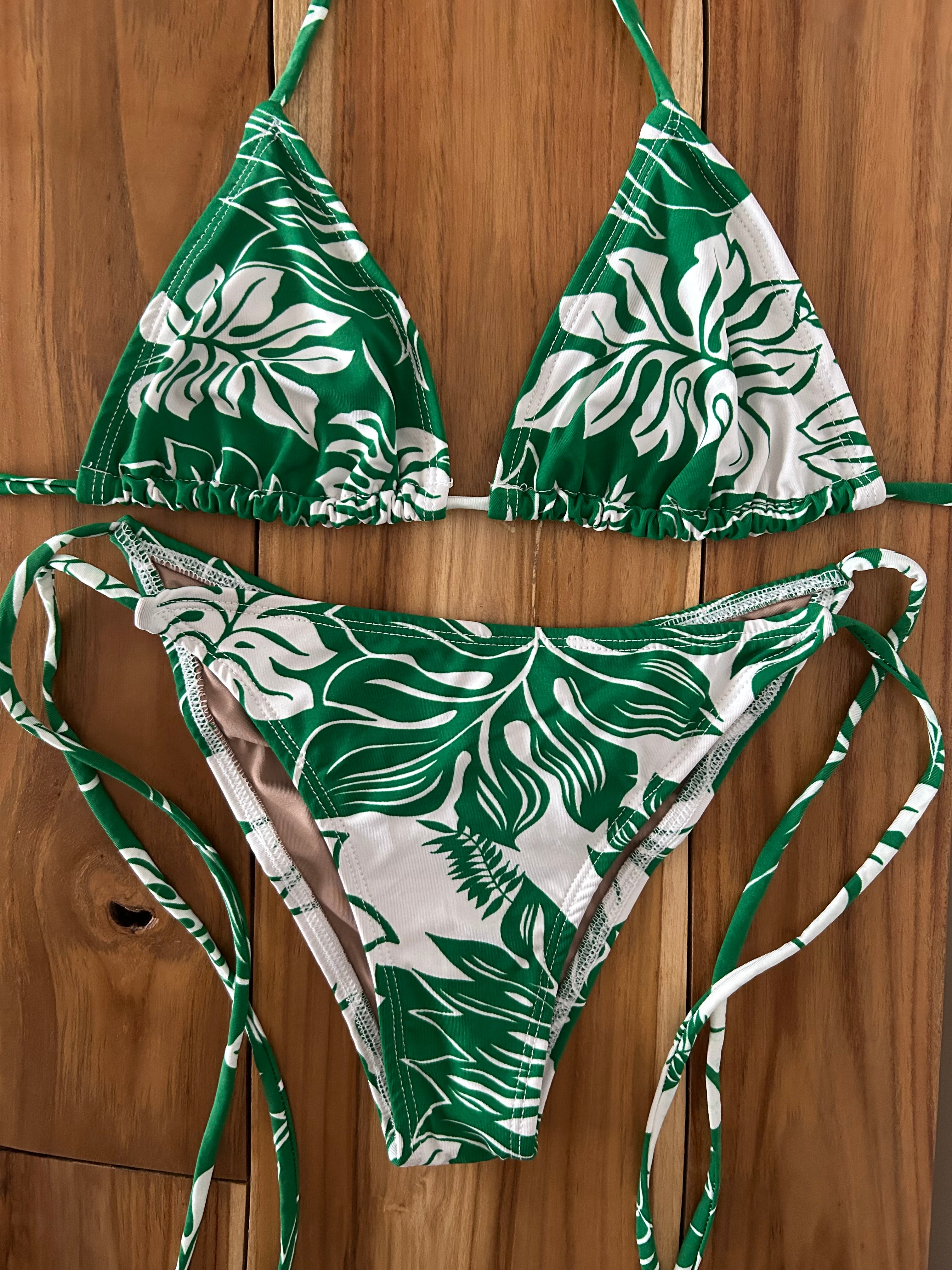 Green Floral Print Triangle Bikini Top