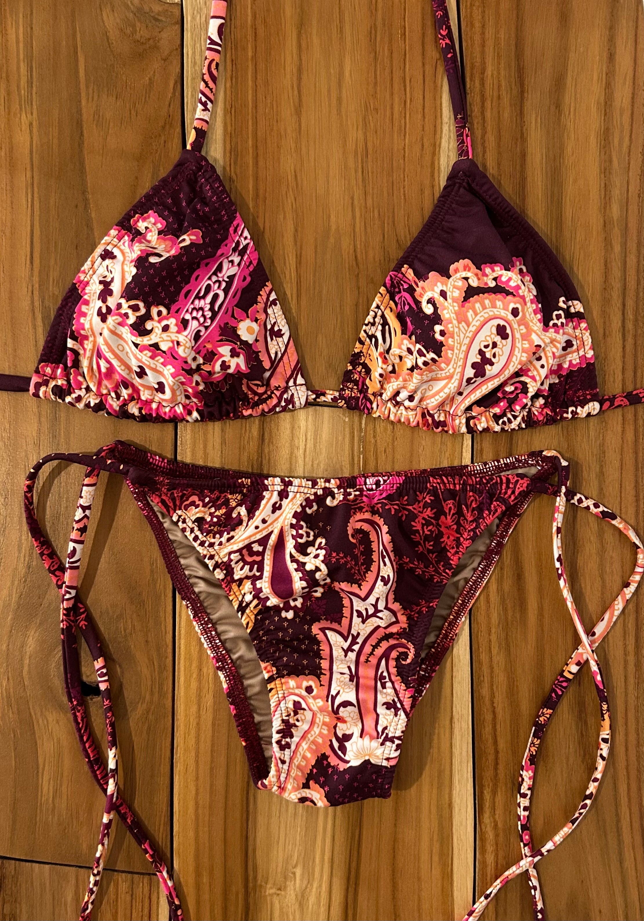 Burgundy Paisley Triangle Bikini Top