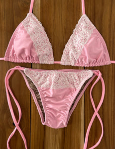 Pink Lace Spaghetti Ties Bikini Bottom