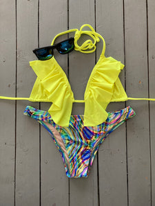 Bright Yellow Triangle Bikini Top w/Ruffle Accent