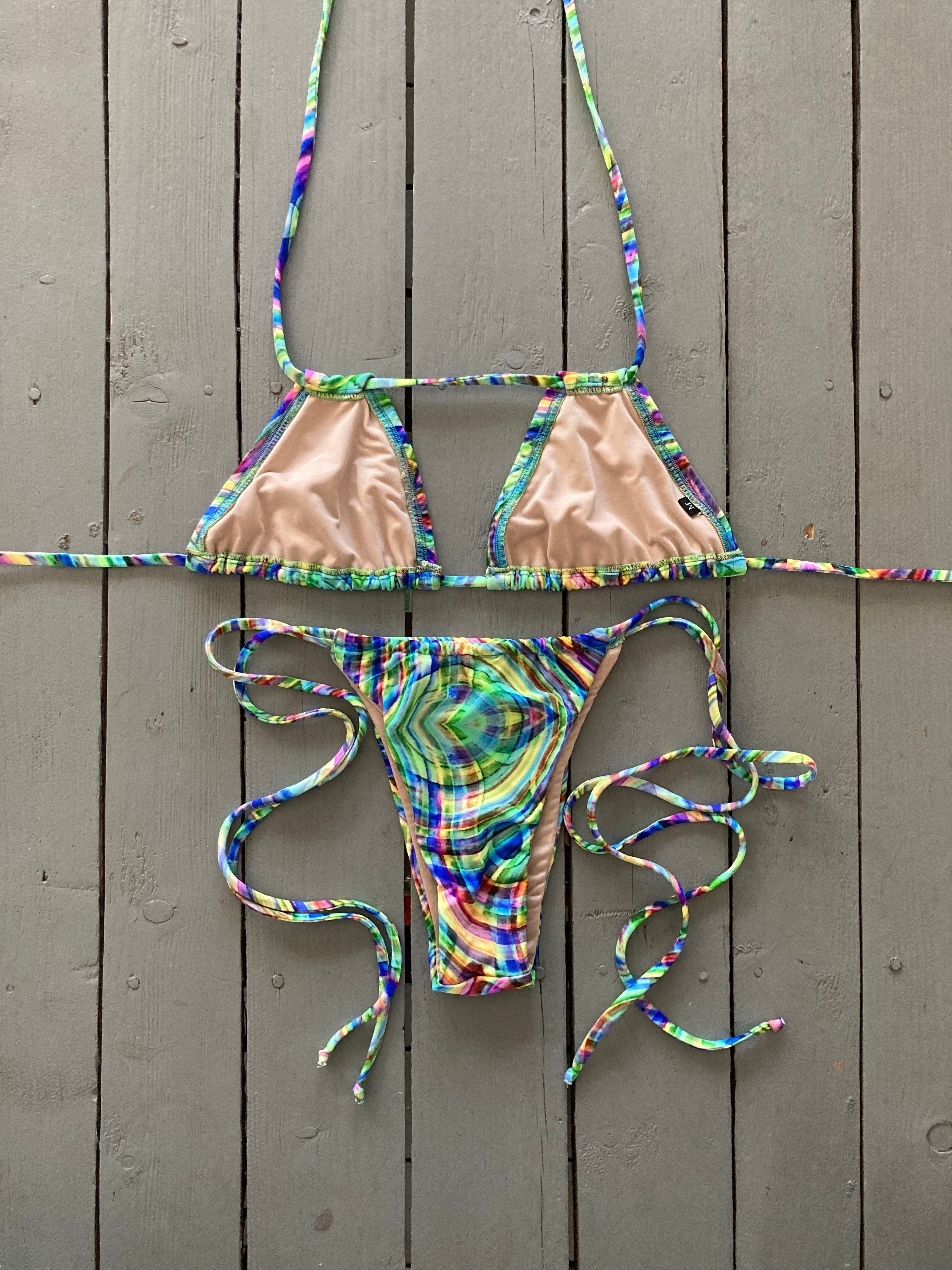 Green Print Double String Triangle Bikini Top