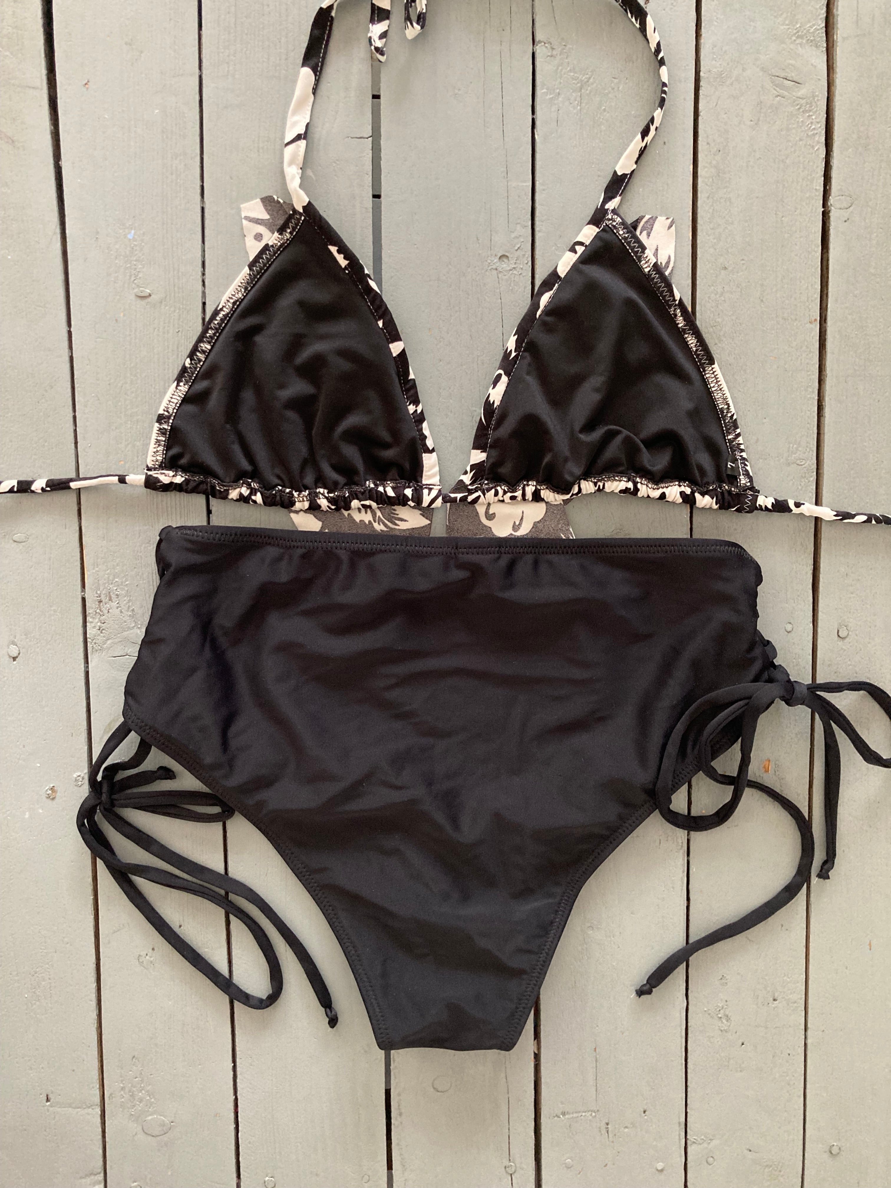Solid Black High waisted Adjustable Lace Up Bikini Bottom