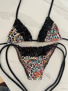 Black Lace Animal Print Triangle Bikini Top