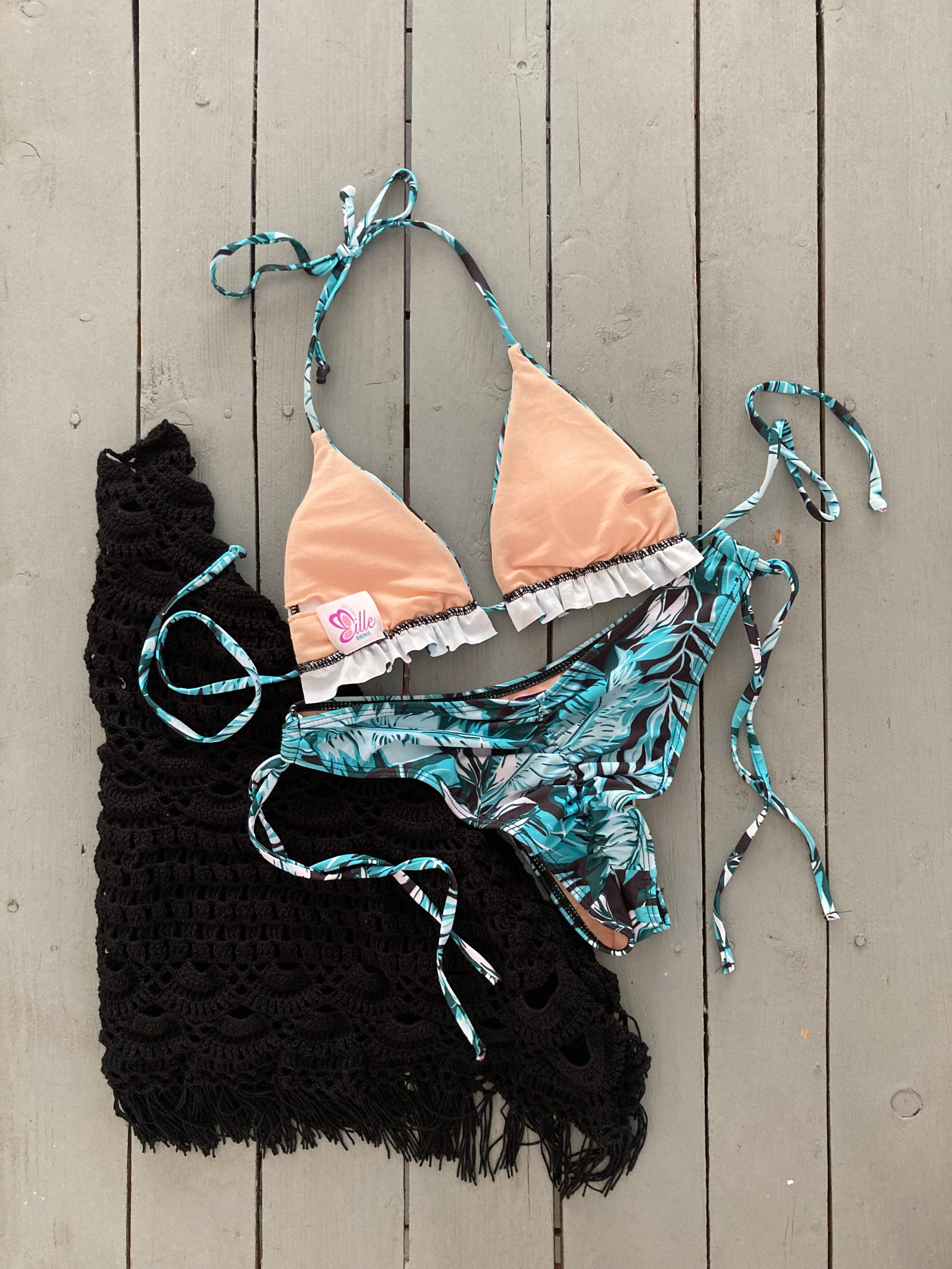 Black and Aqua Ruffle Top and Bikini Bottom Set