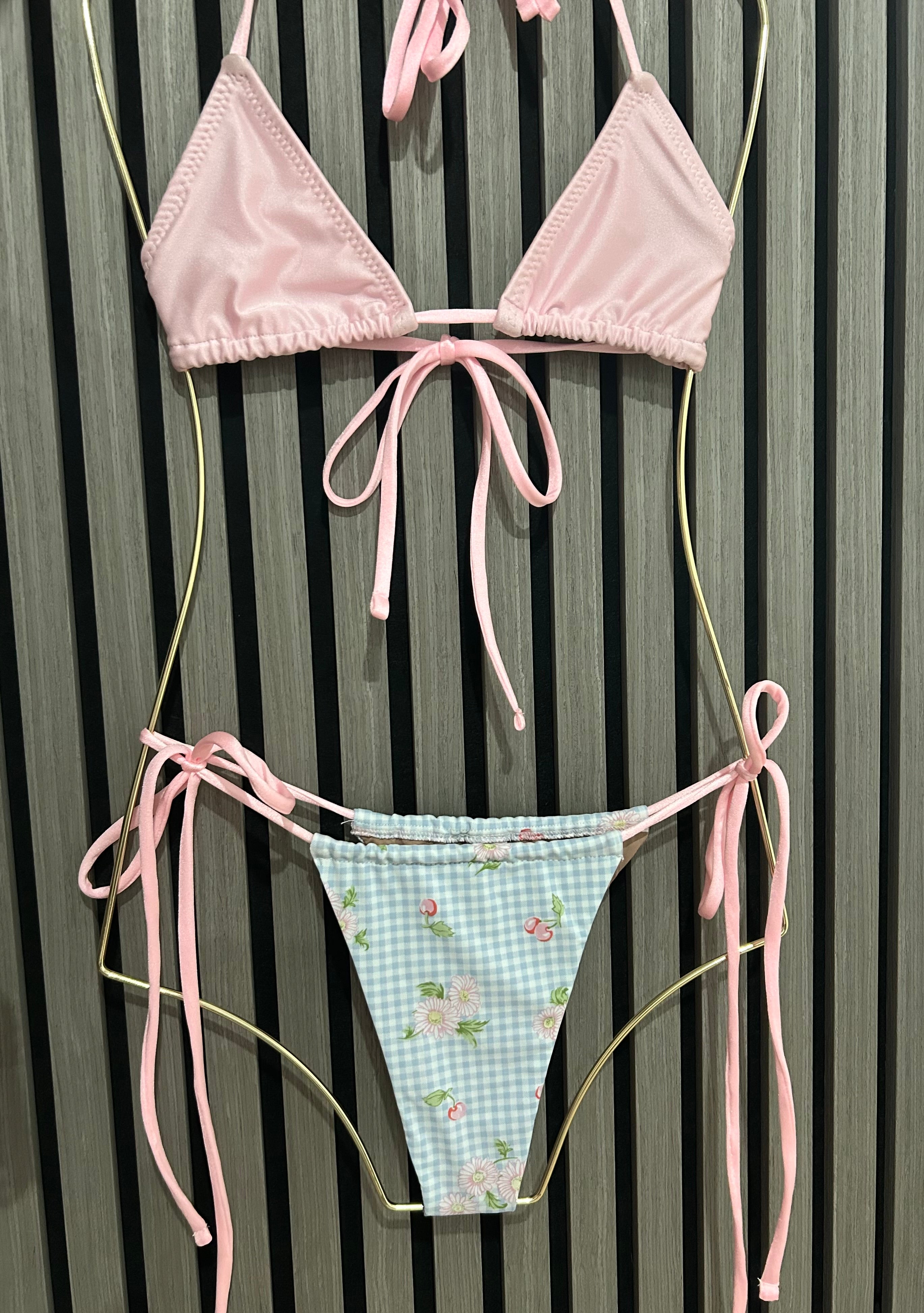Blue Plaid Cinched Thong Bikini Bottom