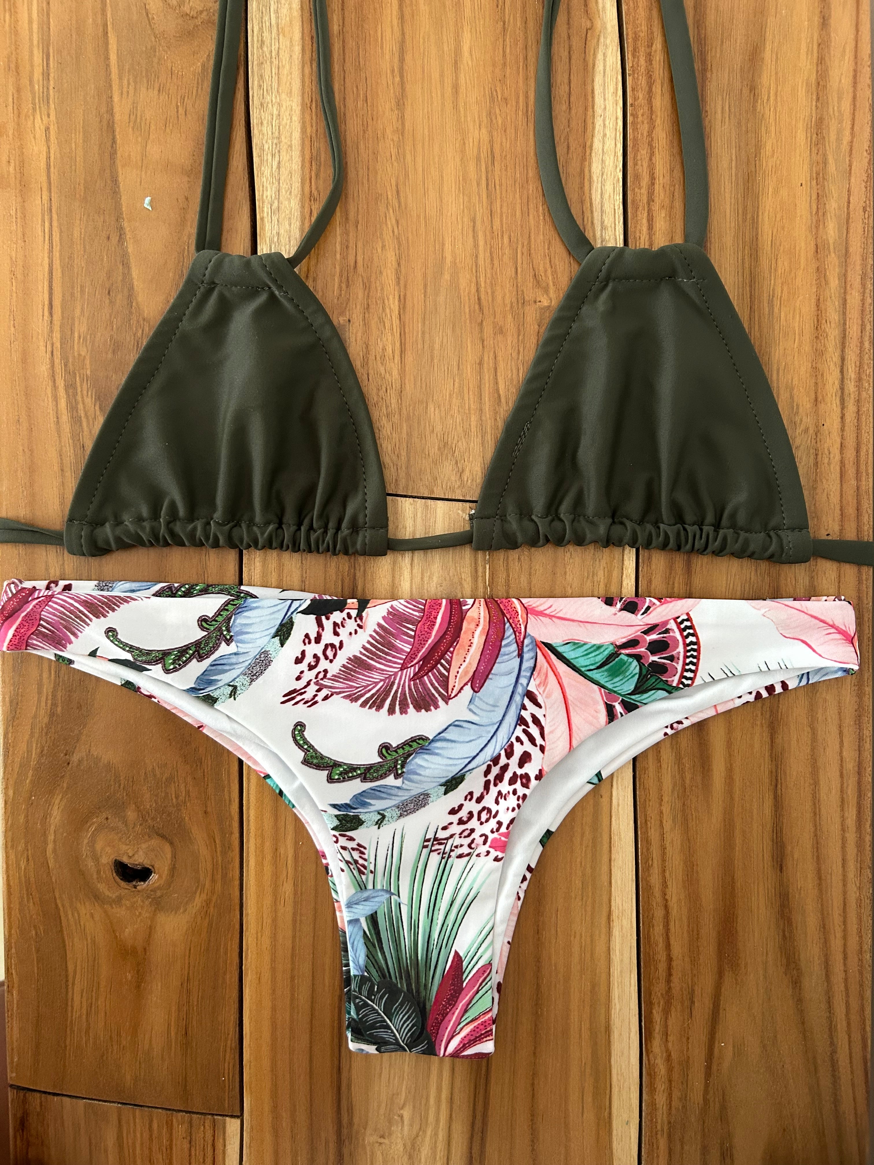 Olive Green Double String Triangle Bikini Top