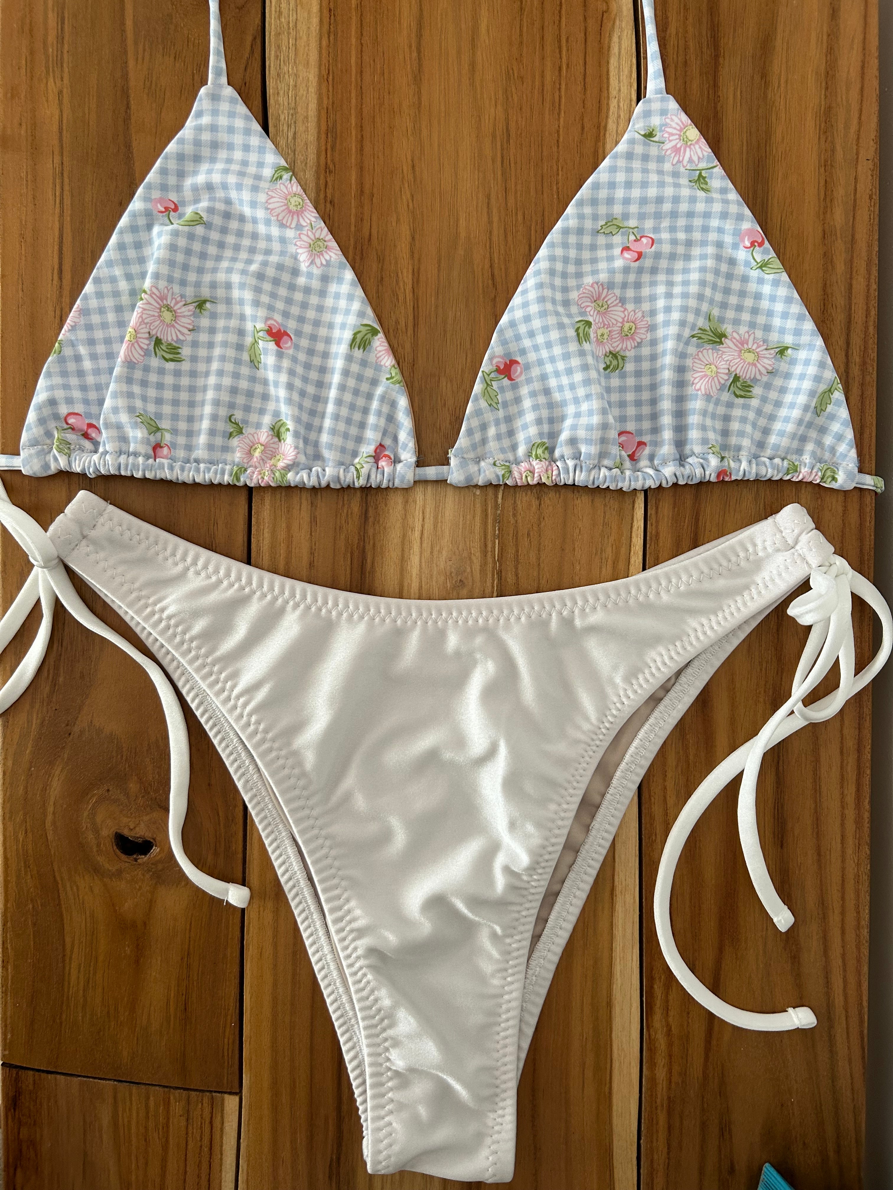 Blue Plaid Triangle Bikini Top