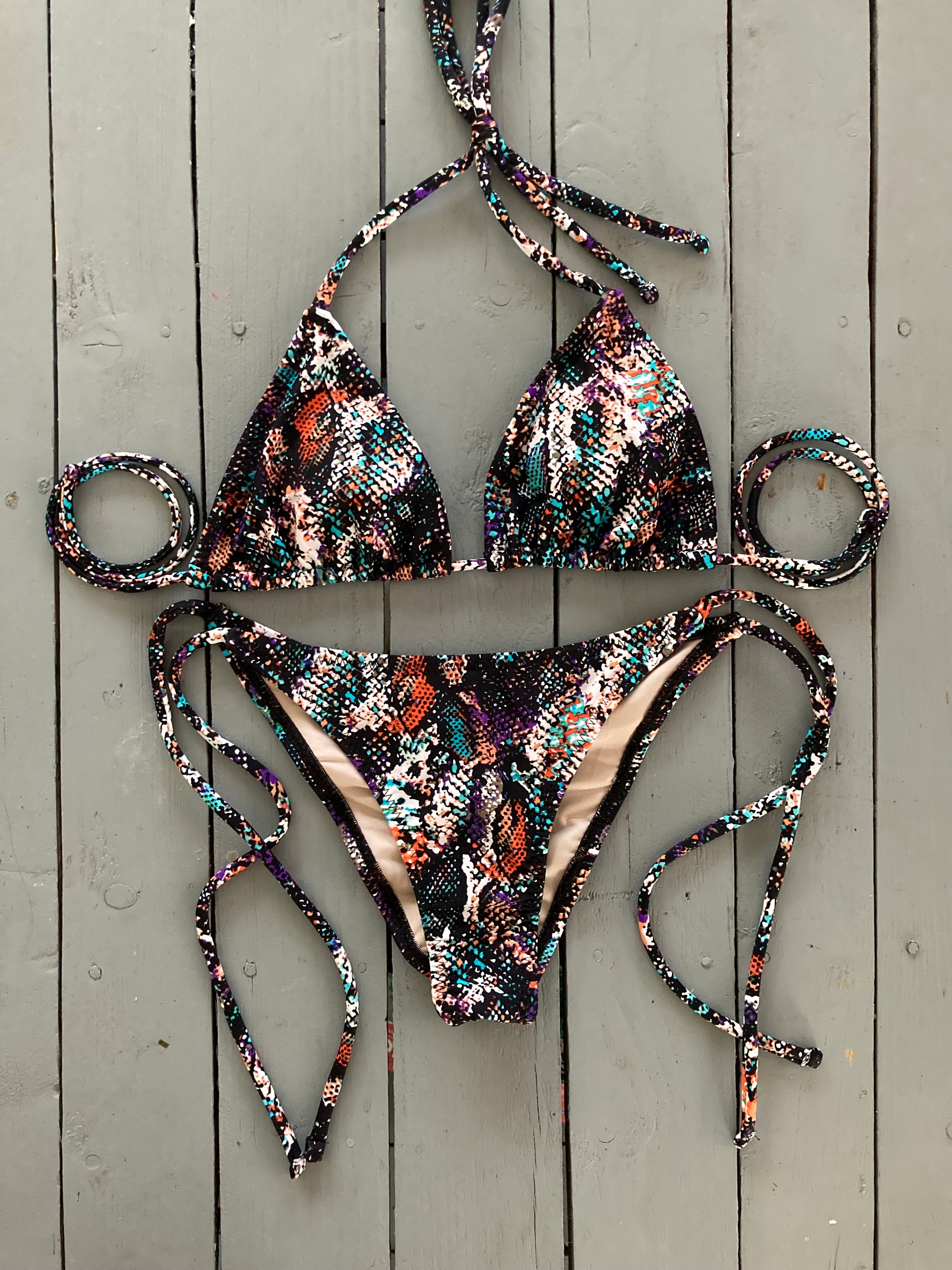 Black Multi-Colored Snakeskin Spaghetti Bikini Bottom