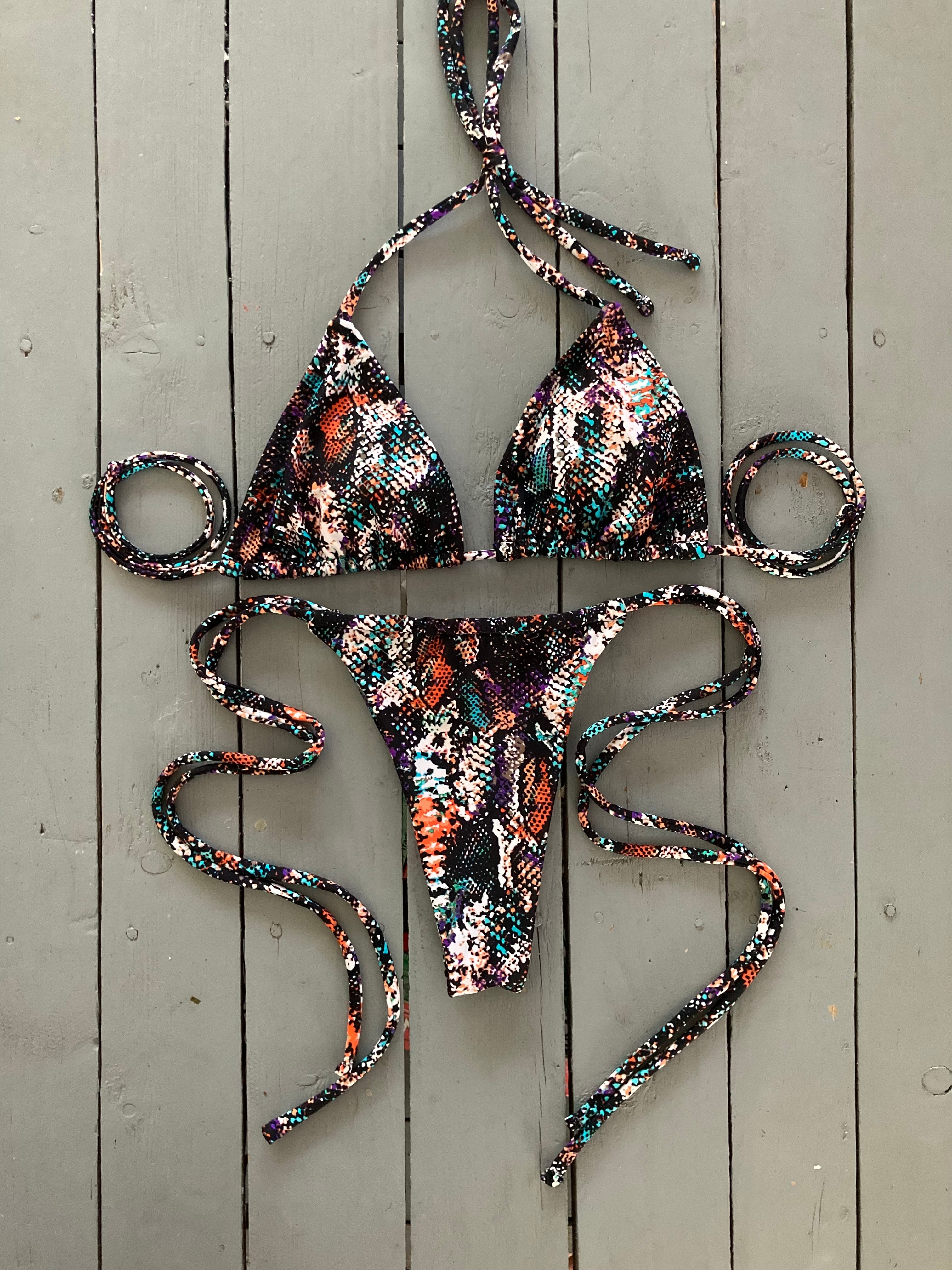 Black Multi Colored Snakeskin Cinched Thong Bikini Bottom JillesBikinis