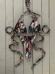 Black Multi-Colored Snakeskin Cinched Thong Bikini Bottom