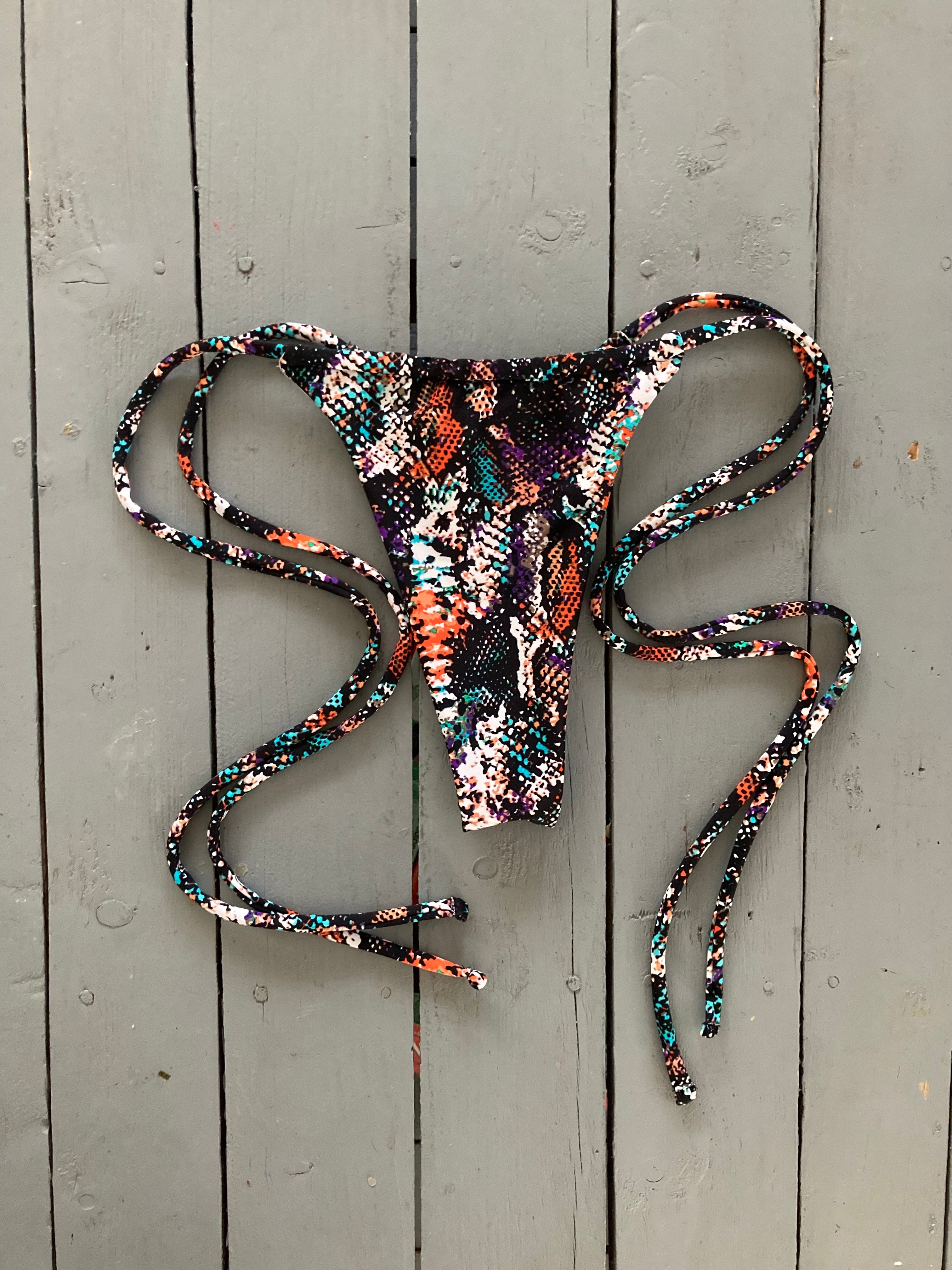 Black Multi-Colored Snakeskin Cinched Thong Bikini Bottom