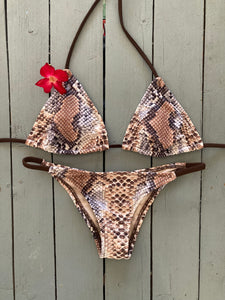 Brown Snakeskin Print Triangle Top and Single Strap Bikini Bottom