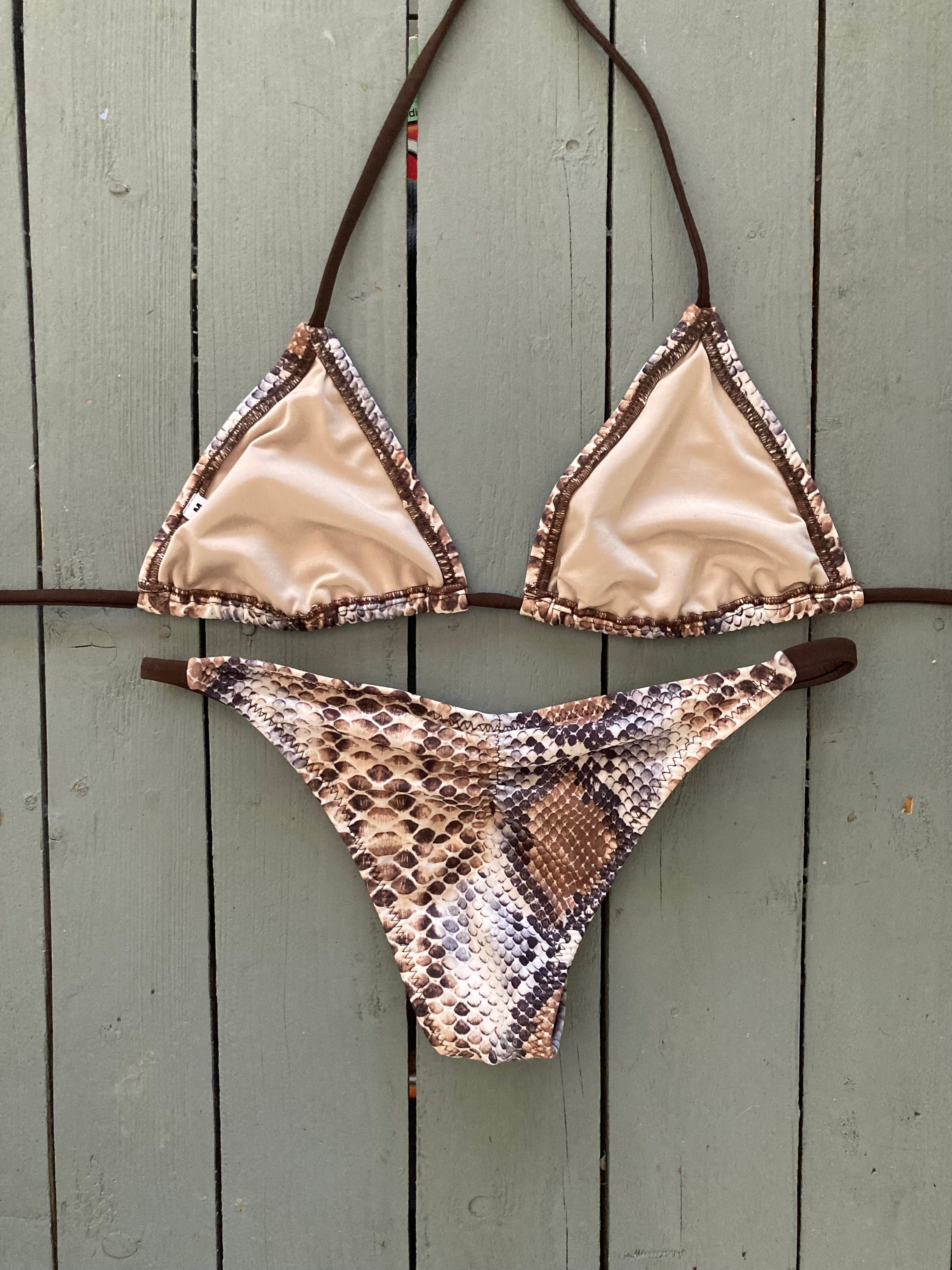 Brown Snakeskin Print Triangle Top and Single Strap Bikini Bottom