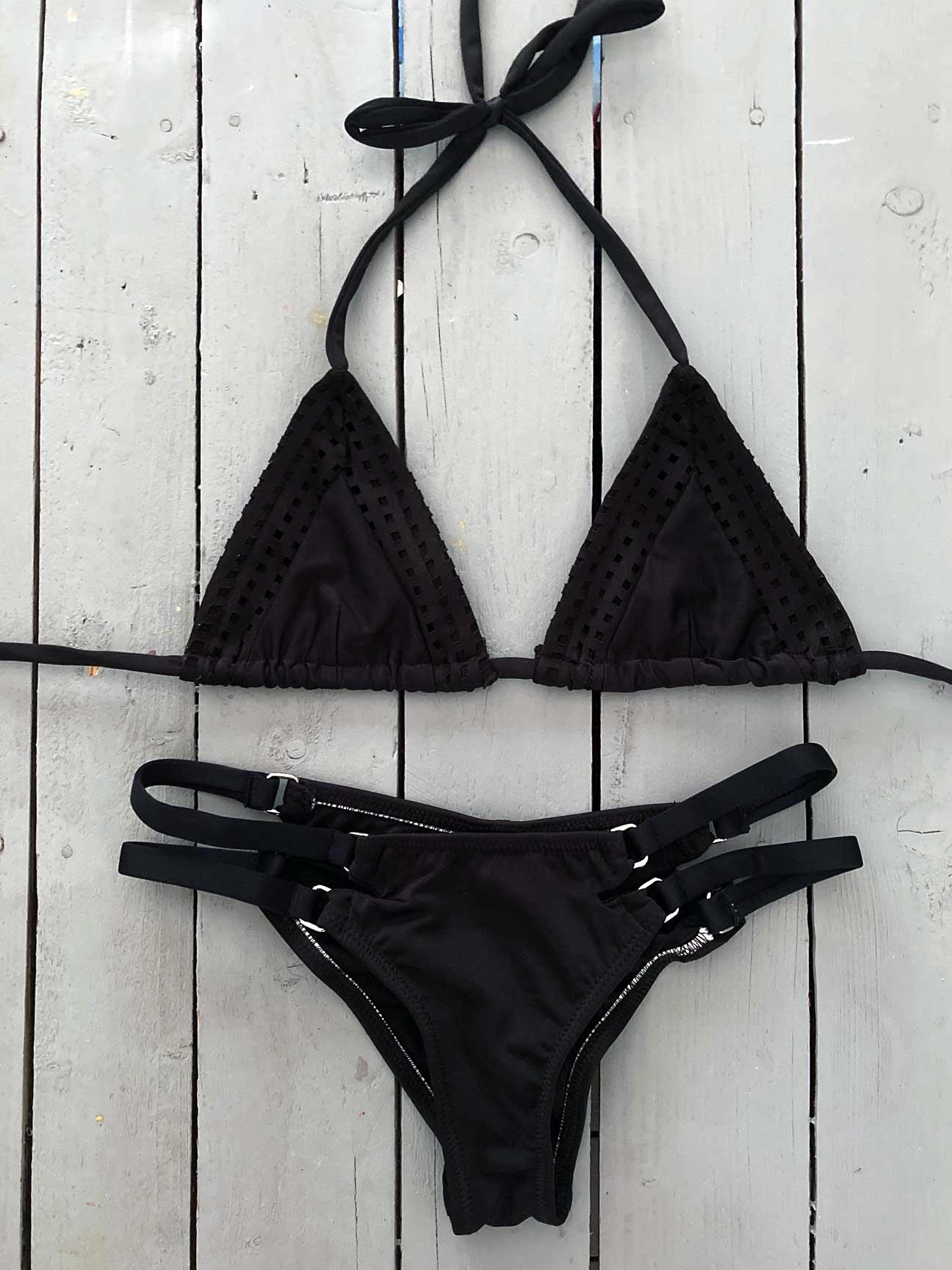 This black, laser cut triangle top is perfect to wear on your your next beach vacation. Made with the finest quality of soft and stretchy Lycra to achieve the best fit. Order yours today. @jillesbikinis  