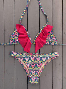 Fuchsia print Triangle Bikini Top w/Ruffle Accent - JillesBikinis