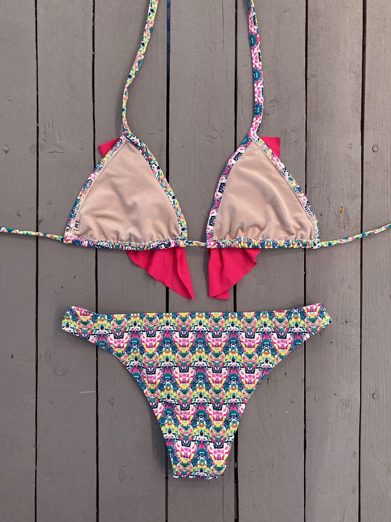 Fuchsia print Triangle Bikini Top w/Ruffle Accent - JillesBikinis