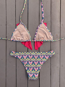 Fuchsia print Triangle Bikini Top w/Ruffle Accent - JillesBikinis