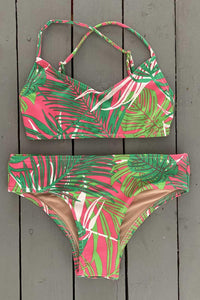 Juniors' & teens' swimsuits for pool and beach fun! This pink & green tropical print  junior bralette top with wide bottom bikini set are made with the finest quality of soft and stretchy Lycra to achieve the best fit. Order yours today. @jillesbikinis 