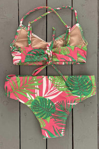 Juniors' & teens' swimsuits for pool and beach fun! This pink & green tropical print  junior bralette top with wide bottom bikini set are made with the finest quality of soft and stretchy Lycra to achieve the best fit. Order yours today. @jillesbikinis 