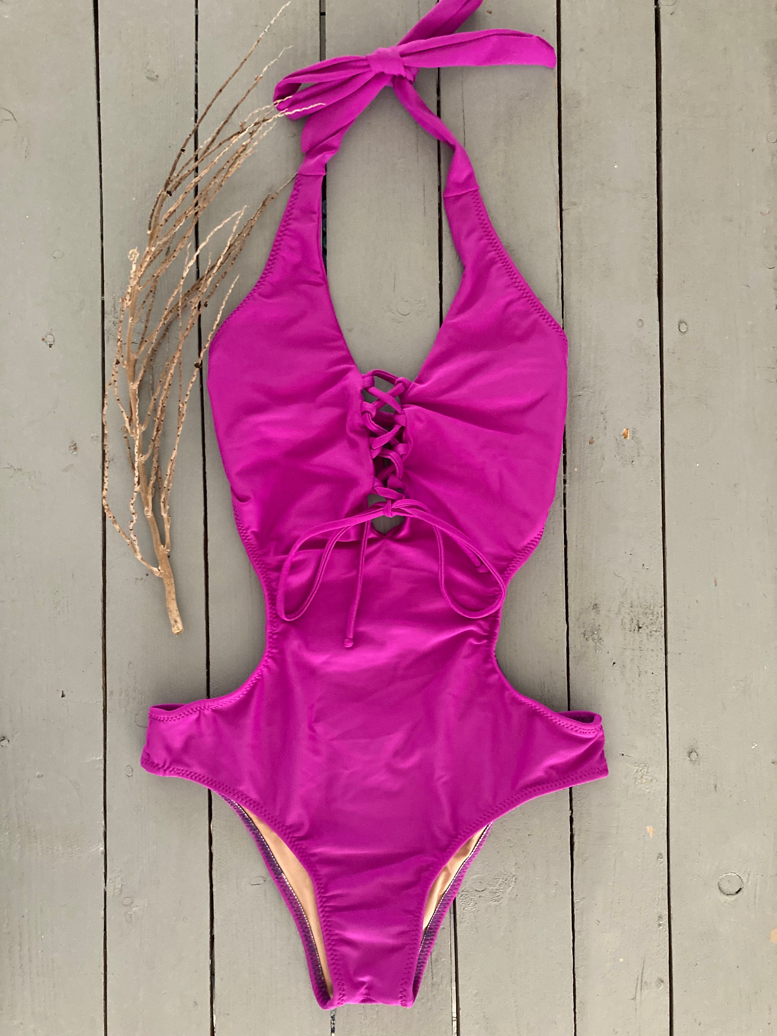 Lace-Up Magenta One Piece Swimsuit