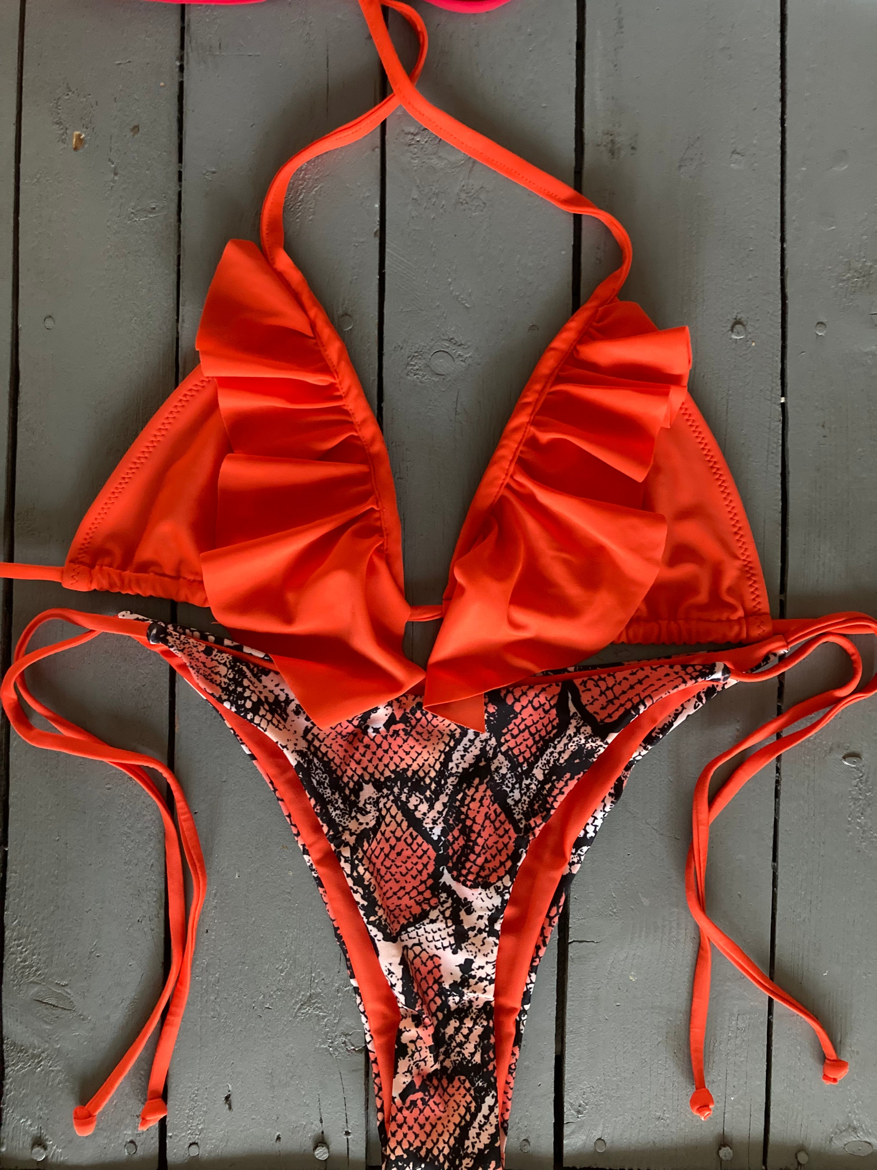 Bright Orange Adjustable Ruffle Bikini Top
