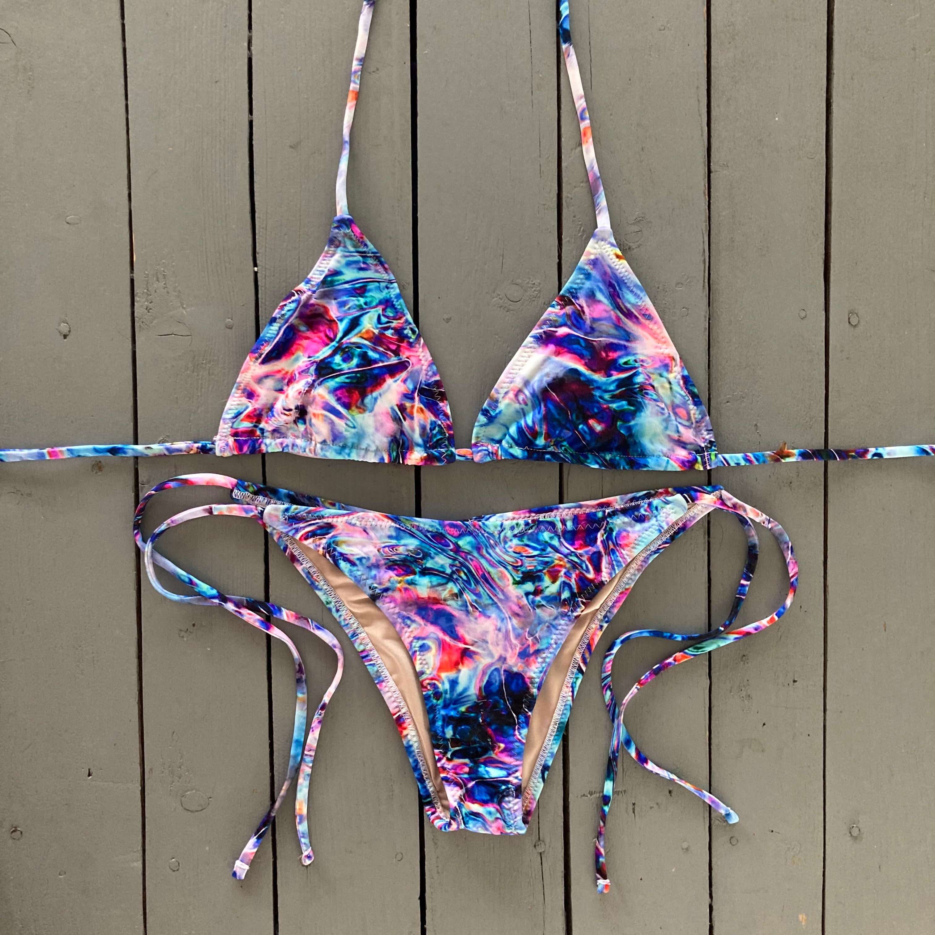 Blue and Pink Water Print Spaghetti Ties Bikini Bottom