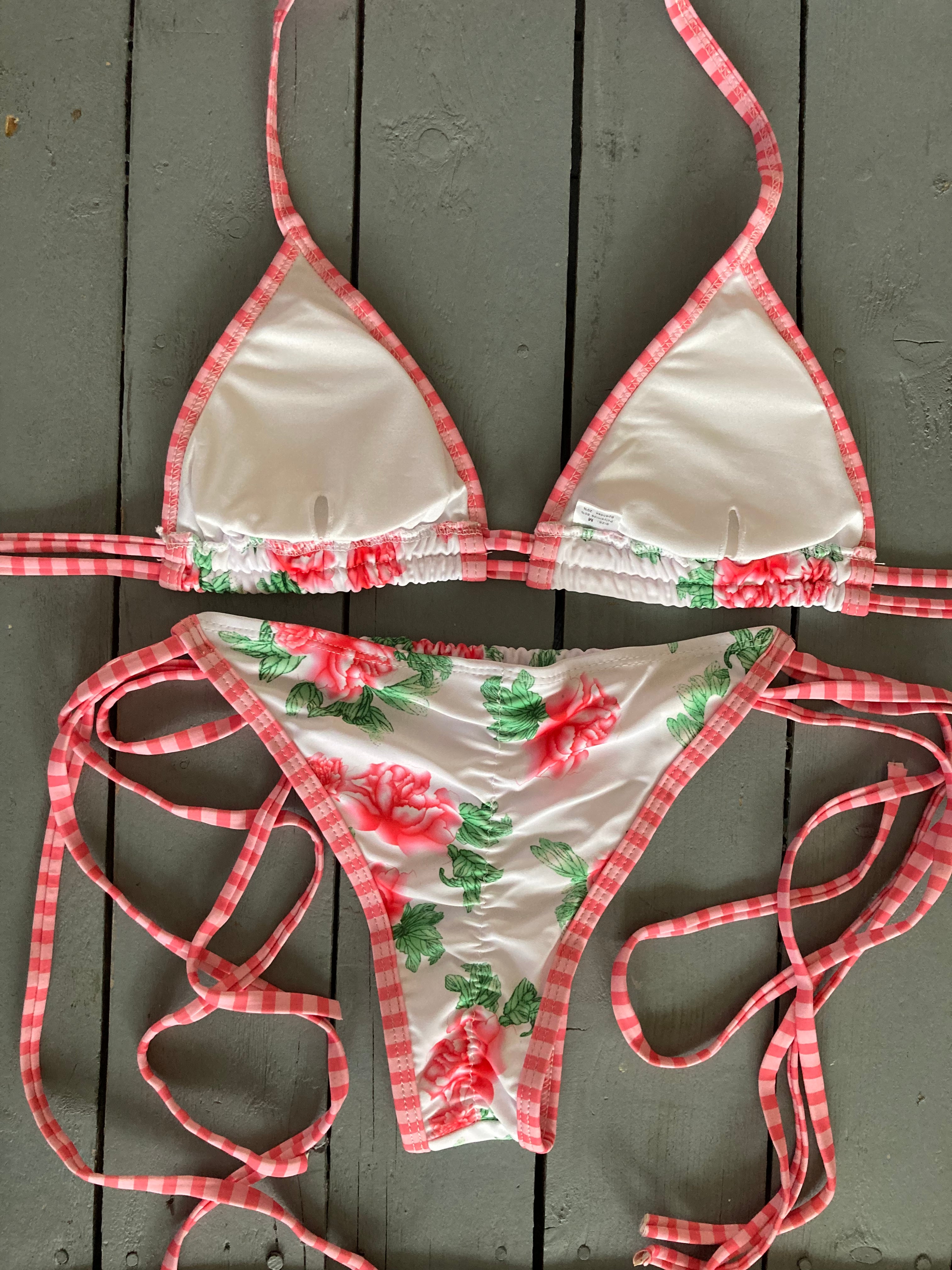 Red Floral Print Multi String Triangle Top and Multi String Spaghetti Bottom