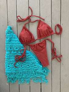 Solid Caramel Brown Cinched Spaghetti Ties Thong  Bikini Bottom