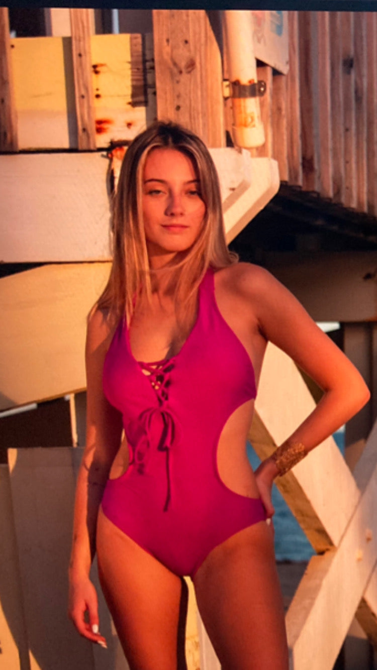 Lace-Up Magenta One Piece Swimsuit