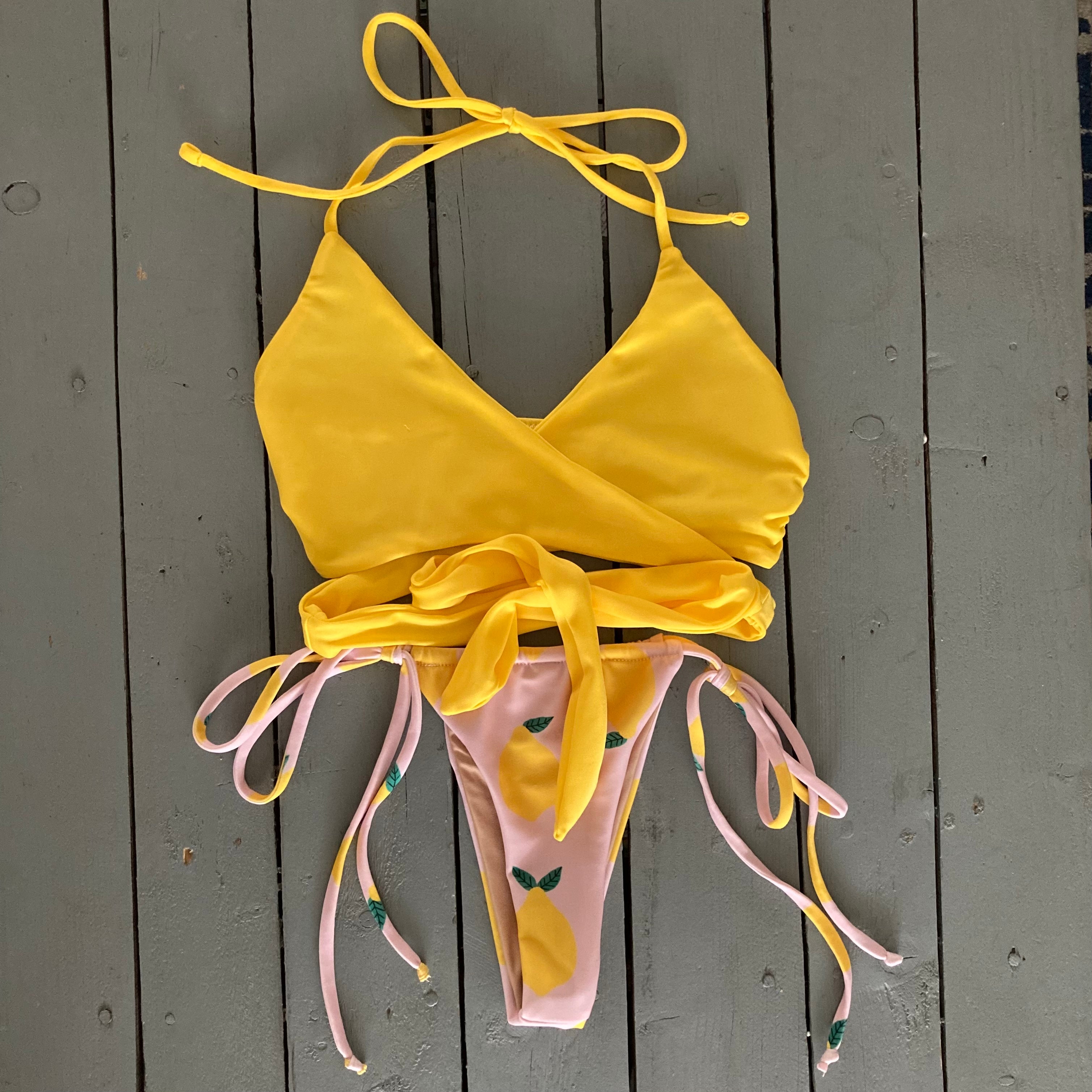 Lemon Print Spaghetti Tie Cinched Thong Bikini Bottom