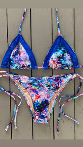 Blue and Pink Water Print Adjustable Triangle Bikini Top w/Lace